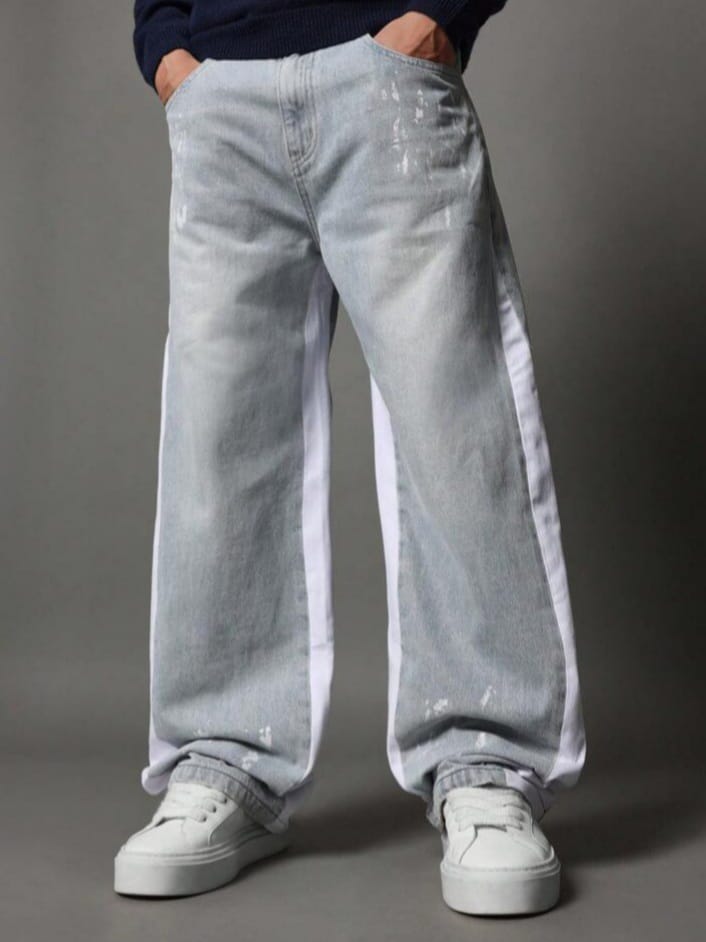 DEVIL-DENIM Men's Funky Loose Fit Contrast Panel Spalatter Jeans